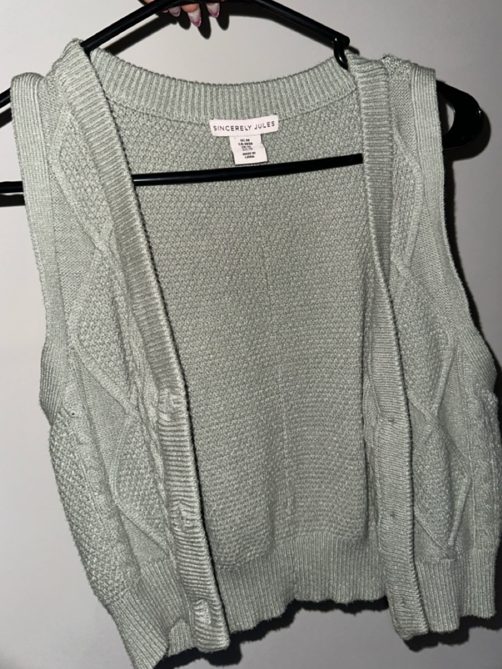 Sincerely Jules Light Green Cable Knit Open Vest